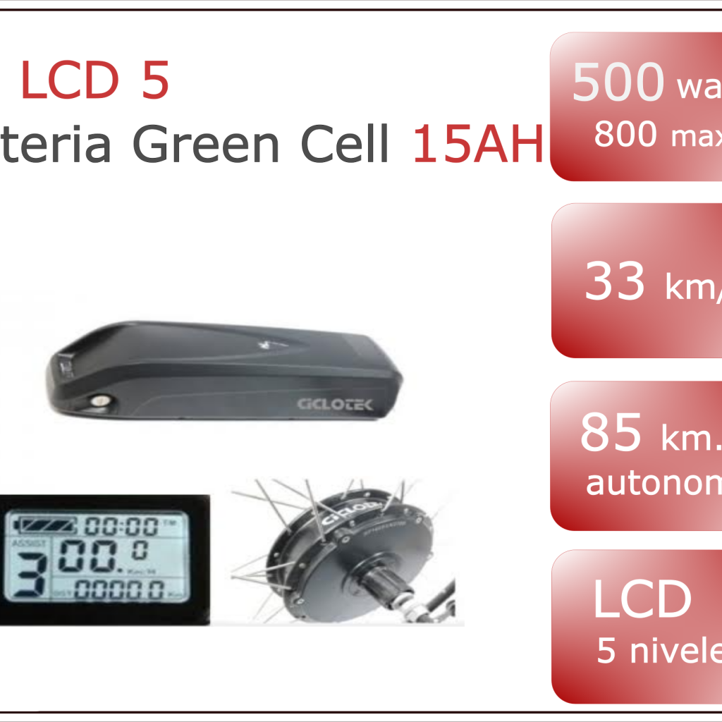Kit Conversión Bicicleta Eléctrica - Kit Ciclotek BPM 500W LCD 5, Batería Green Cell 14,5 Ah.