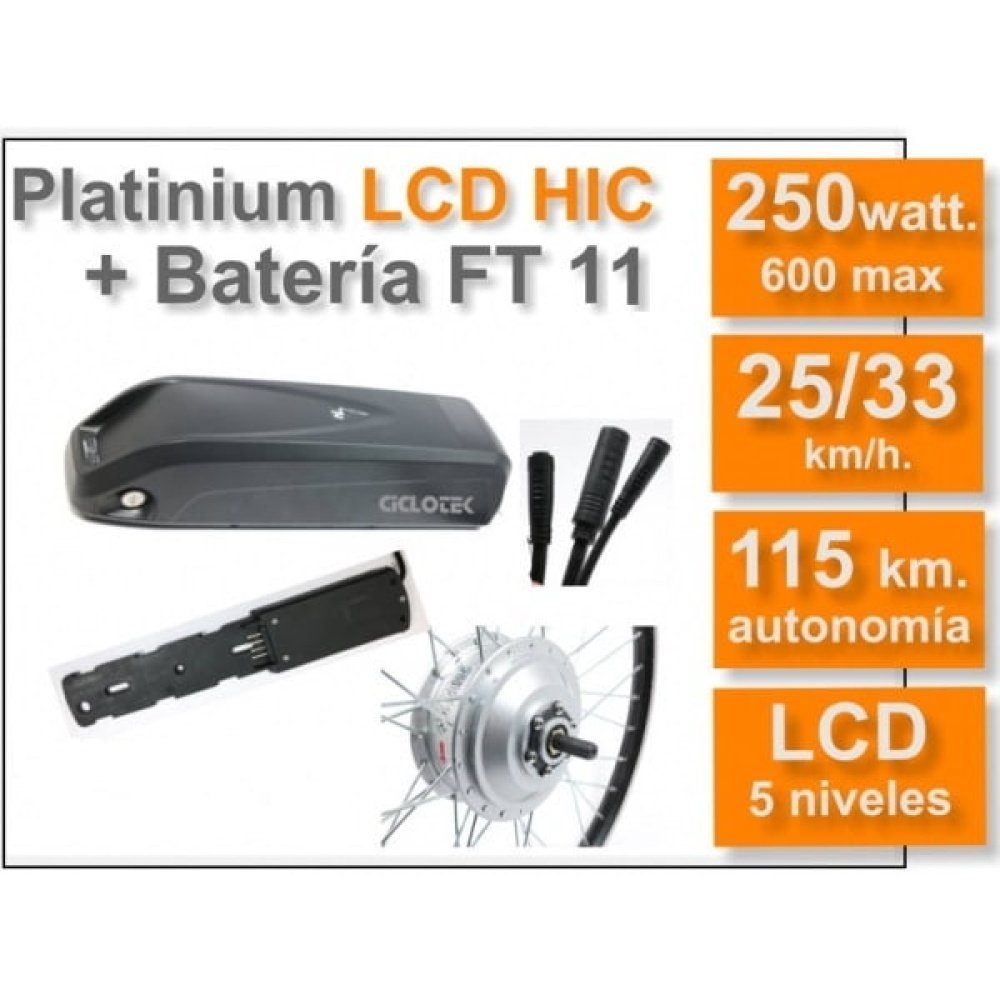 Kit Conversión Bicicleta Eléctrica Rueda Delantera o Trasera - Kit Ciclotek 250W Platinium LCD 5, Batería 11 Ah.