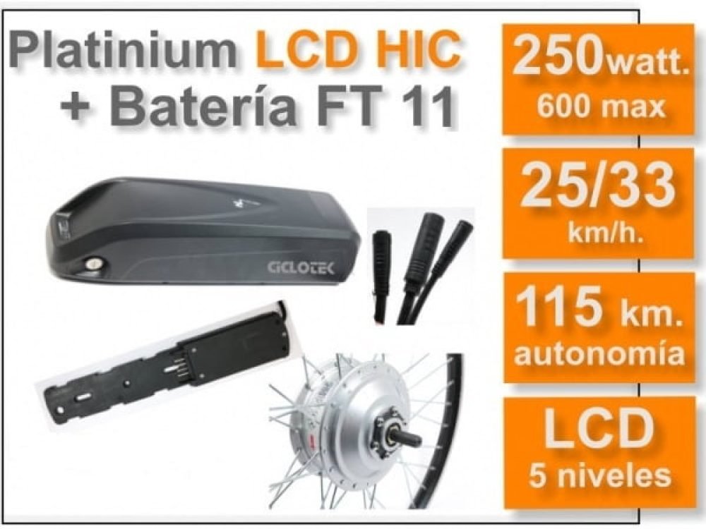 Kit Conversión Bicicleta Eléctrica Rueda Delantera o Trasera - Kit Ciclotek 250W Platinium LCD 5, Batería 11 Ah.