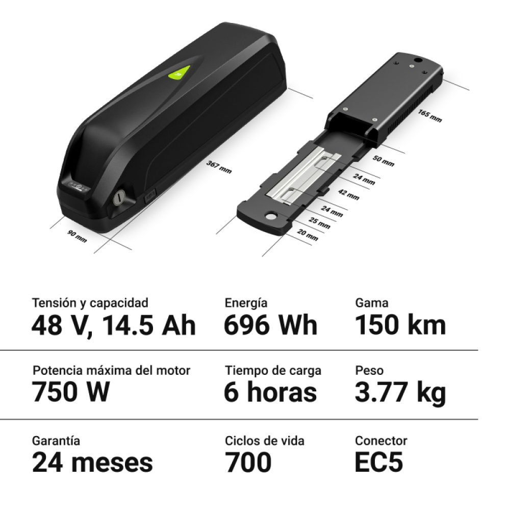 Bateria Bicicleta Electrica 48V 14.5Ah 696Wh Down Tube Ebike EC5 para Samebike, Gunai y Cargador - Imagen 3
